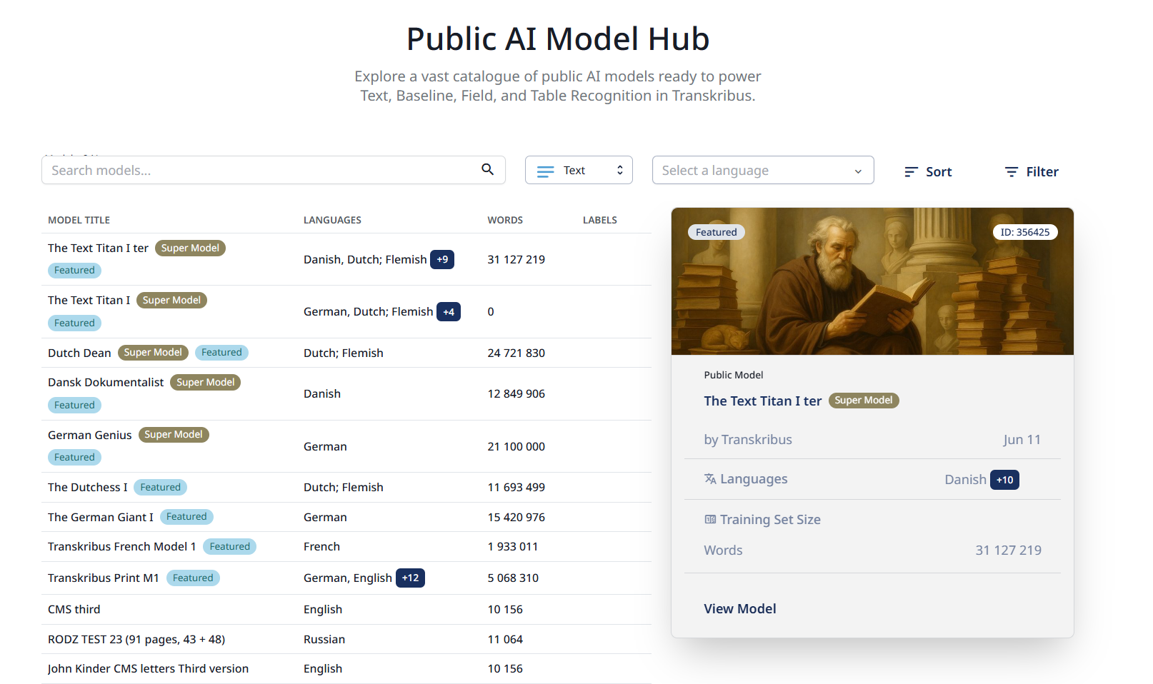 Screenshot of Transkribus Public AI Model Hub